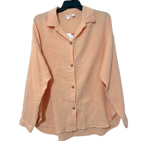 Roxy Women's Morning Time Gauze Linen Pink Button-Up Shirt Sz Large - Picture 2 of 12